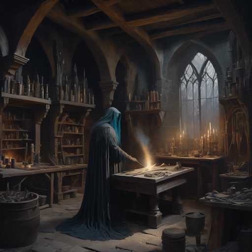 A man dressed in a blue robe and hood stands at a table with a sword in his hand, surrounded by shelves filled with various objects including bottles of different shapes and sizes. The room is illuminated by the warm glow of candles on the windowsill, creating an atmosphere of mystery and intrigue.