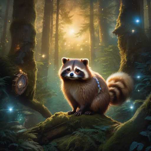 The image depicts a raccoon sitting on a tree stump in a forest setting. The raccoon is facing the camera and appears to be looking directly at it. The background of the image features trees with green leaves and blue sky, creating a serene and natural atmosphere.