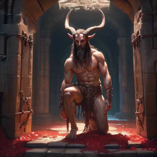 The image depicts a muscular man with long horns and a beard, dressed in traditional garb of a deity or a monster from mythology. The man is kneeling on the ground, facing towards the left side of the frame. The background features stone walls and arches, suggesting an ancient or medieval setting.