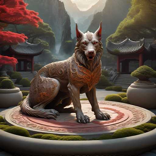 The image depicts a majestic white wolf statue sitting on a circular platform with a red and gold patterned base. The wolf is facing the camera directly, giving an impression of being aware of its surroundings. In the background, there are traditional Chinese buildings with red roofs, suggesting that this scene takes place in China or a region with similar architectural styles.