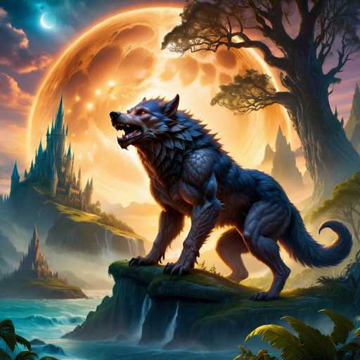 The image depicts a wolf standing on a rock with its mouth open and eyes wide open, facing the camera directly. The wolf is positioned centrally within the frame, surrounded by a lush green forest filled with trees and bushes. In the background, there are two castle-like structures, one larger than the other, adding to the medieval theme of the scene. The sky above is painted in shades of orange and pink, suggesting either sunrise or sunset.