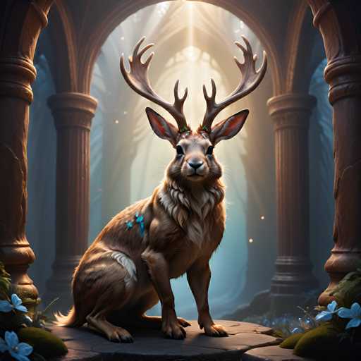 The image depicts a deer with large antlers standing on a rock and facing the camera directly. The deer is adorned with blue flowers on its head and neck, adding a touch of color to the scene. The background features an archway leading into a dark room filled with plants and trees, creating a sense of mystery and intrigue.