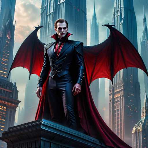 The image depicts a man dressed as a vampire standing on a pedestal with his arms crossed and legs apart, wearing a red cape and a black suit. The background features tall buildings under a cloudy sky, creating an urban setting for the scene.