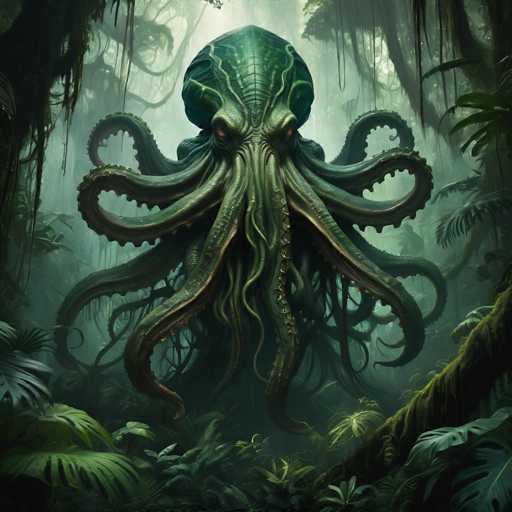The image depicts an octopus with eight tentacles and a large head, standing in the center of a dense jungle filled with green plants and trees. The background is dark and shrouded in fog, creating an atmosphere of mystery and intrigue.
