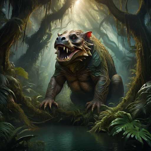 The image depicts a large, brown and green monster with sharp teeth and fangs, standing on its hind legs and facing the camera directly. The monster is surrounded by an array of plants and trees in various shades of green, creating a dense forest-like setting.