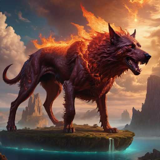 The image depicts a fiery-red wolf standing on a rock formation overlooking a body of water with a waterfall cascading down the side. The wolf's fur is ablaze and it appears to be roaring or growling, adding an intense element to the scene. The background features a sky filled with clouds and mountains in the distance, creating a sense of depth and vastness.