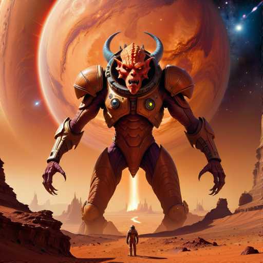 The image depicts an orange alien with horns and a large head standing on the right side of the frame, facing towards the left. The background shows a red planet surrounded by stars, suggesting that this scene takes place in outer space. In the foreground, there is a person wearing a white shirt and blue pants walking away from the alien.