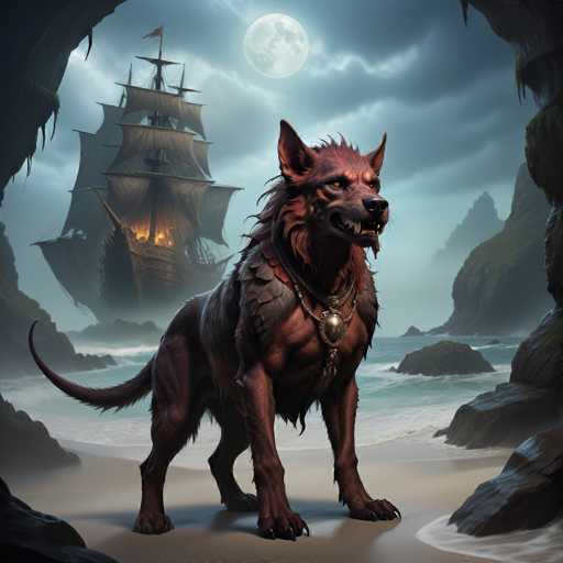 The image depicts a large brown wolf standing on a rocky beach with its mouth open and teeth showing. The wolf is facing the camera directly, giving an impression of being aware of the viewer's presence. In the background, there are two ships - one larger ship with sails billowing in the wind and another smaller ship docked at a pier.