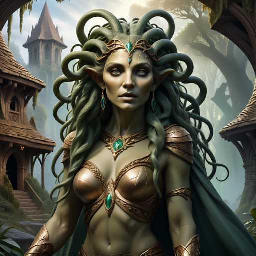 A woman with long green hair and a gold headdress stands in front of a castle-like structure surrounded by trees.
