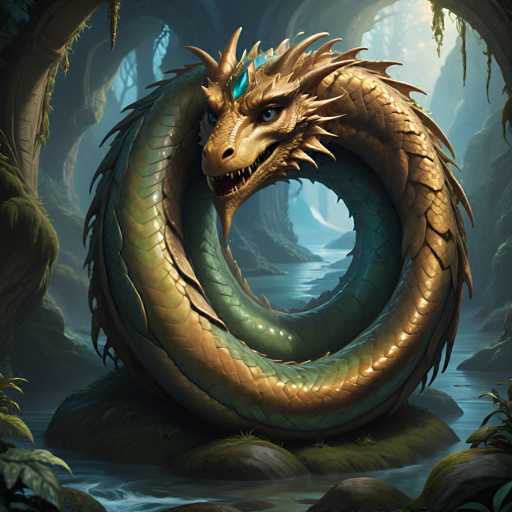 The image depicts a large dragon with a green body and yellow head, coiled around a tree trunk in a cave-like setting. The dragon's mouth is open, revealing sharp teeth. The background features a dark forest filled with trees and foliage, creating an atmosphere of mystery and danger.