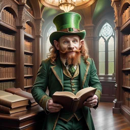 A man dressed as a leprechaun stands in front of a bookshelf filled with books and reading an open book titled "The Book of the Unexpected". The man is wearing a green suit and top hat.