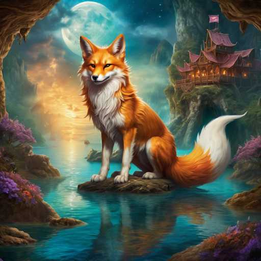 The image depicts an orange fox sitting on a rock in front of a house with a red roof and white walls. The fox is facing the camera, giving a clear view of its features. The background shows a body of water reflecting the sky above, adding depth to the scene. The colors used are predominantly orange, white, and purple, creating a vibrant and visually appealing image.