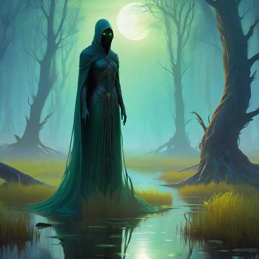 A woman dressed as a fairy stands alone in a forest clearing, her long green dress flowing behind her as she gazes towards the right side of the image. The trees surrounding her are tall and dark, with their trunks standing out against the lighter background. A large full moon hangs high above them, casting an ethereal glow over the scene.
