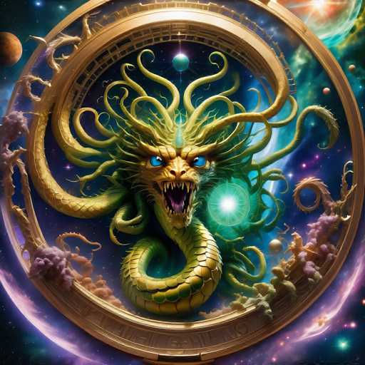The image depicts a dragon-like creature with a yellow body and green head, surrounded by a circular frame that is predominantly gold and purple. The dragon's mouth is open wide, revealing sharp teeth. The background features a mix of planets and stars, creating an otherworldly atmosphere.