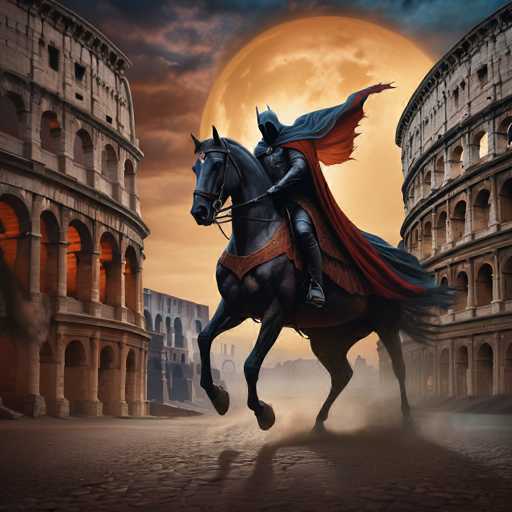 The image depicts a man riding a horse through an ancient Roman city at night. The horse is adorned with a red cape and the rider is wearing a black helmet and armor. They are surrounded by the remnants of the Colosseum in the background, which appears to be illuminated against the dark sky.
