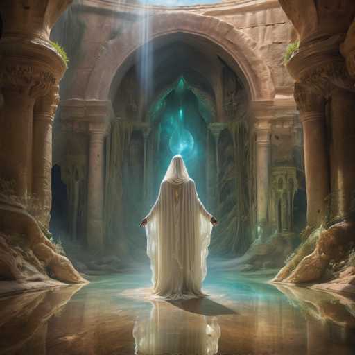 The image depicts a person standing in front of an ornate archway within a cave-like structure. The individual is wearing a white robe and has their back turned towards the viewer. The scene is bathed in soft light filtering through the arched doorway, creating a serene atmosphere.