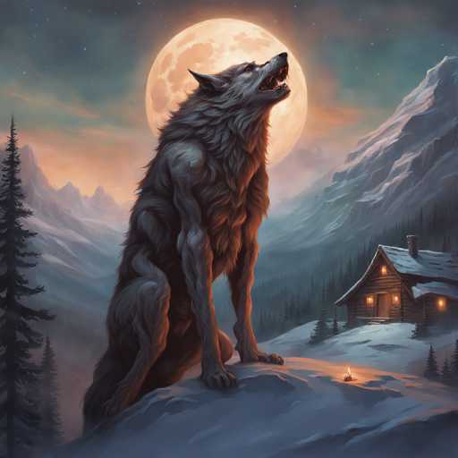 The image depicts a wolf sitting on a snowy mountain peak with its mouth open and howling at the moon. The wolf is facing towards the right side of the image, giving the impression that it's in the middle of an intense howl. In the background, there are trees and houses visible against the dark sky, suggesting a wintery setting.