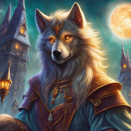 The image depicts a wolf with long white fur and striking yellow eyes standing on a cliff overlooking a castle at night. The wolf is wearing a blue robe adorned with gold accents and a crown of jewels. In the background, there are several buildings, including a castle-like structure that adds to the medieval atmosphere.