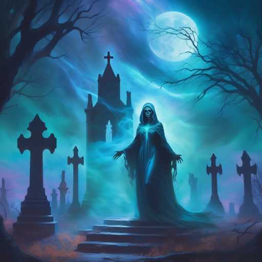 The image depicts a Gothic-style graveyard scene with a large full moon illuminating the sky and casting an eerie glow over the area. The graveyard is filled with numerous gravestones, each one unique in its design and size. In the center of the graveyard stands a tall, imposing stone church steeple, reaching towards the sky. A figure dressed in a long robe and hood can be seen standing on top of a stone staircase leading up to the church steeple. The scene is shrouded in darkness, with only the moonlight illuminating the area, creating an atmosphere of mystery and intrigue.