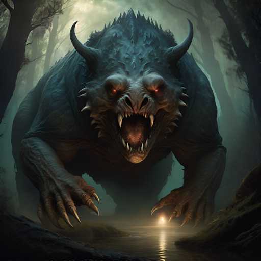 The image depicts a large, dark green monster with sharp teeth and horns, standing on the bank of a river surrounded by trees. The monster is facing towards the right side of the image, giving an impression that it's about to attack or defend itself from something in its path.