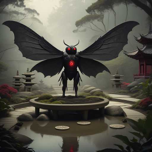 The image depicts an eerie scene set in a garden with a pond and various plants. At the center of the image is a large black insect with red eyes, giving it a creepy appearance. The insect is standing on a pedestal made of rocks, surrounded by a variety of plants and trees. In the background, there are traditional Japanese buildings, adding to the mysterious atmosphere of the scene.