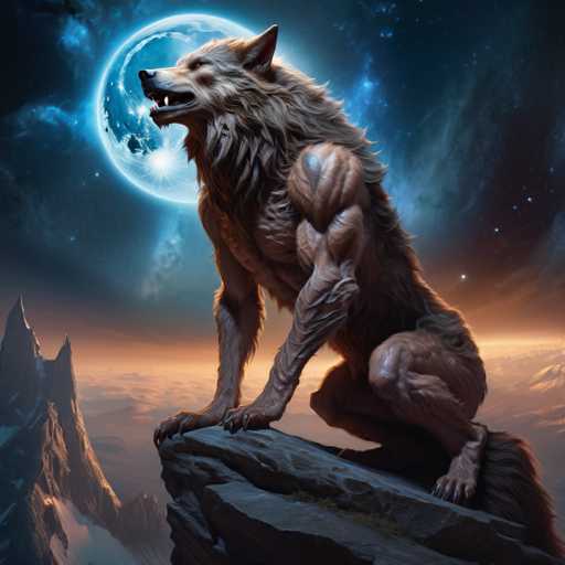 The image depicts a wolf sitting on a rock formation with its mouth open and eyes closed, facing the camera. The background features a large full moon and a starry night sky, creating an otherworldly atmosphere.