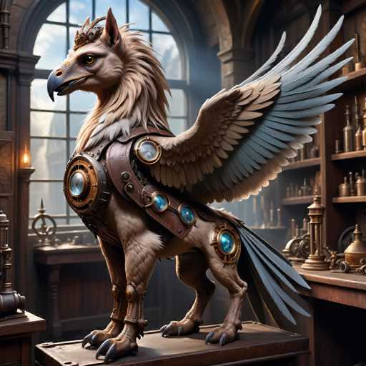 The image depicts a majestic bird-like creature with wings spread wide and a tail feathers that appear to be made of metal or bronze. The creature is standing on a wooden platform, which is situated in front of a window. The background features shelves filled with various objects such as vases and bottles.