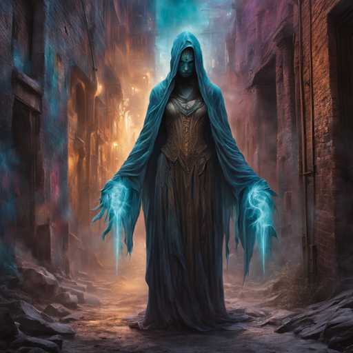 The image depicts a dark alleyway with a figure shrouded in darkness and wearing a blue robe and hooded cloak. The figure is holding two glowing blue objects that appear to be spells or magical artifacts. The background of the image is filled with smoke from an unseen source, adding to the mysterious atmosphere of the scene.