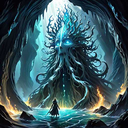 The image depicts a fantastical scene set within a cave. At the center of the cave is a large tree-like creature with long, flowing white tendrils that extend outwards from its head and body. The creature's face is illuminated by blue light, giving it an ethereal appearance. A person dressed in a black robe stands near the creature, facing away from the viewer. The background features a dark cave filled with stalactites and stalagmites, creating a sense of depth and mystery.