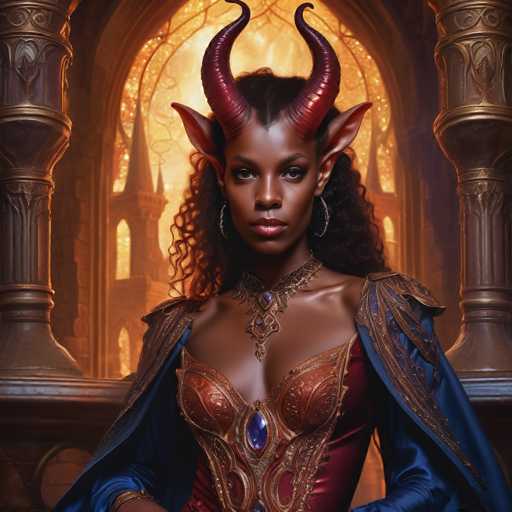 A woman with long dark hair and red horns is standing in front of a large window adorned with gold trim. She is wearing an ornate dress that features intricate designs and jewels. The background includes a castle-like structure with towers and spires, suggesting the setting might be a medieval or fantasy-themed location.