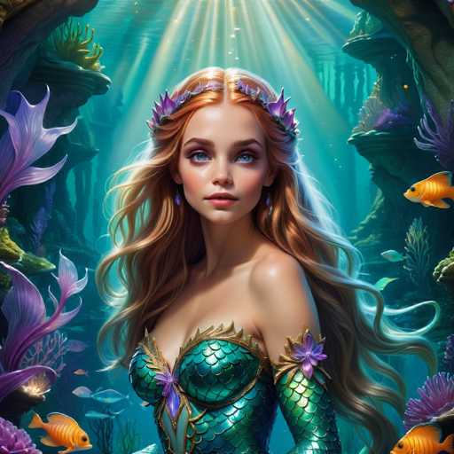 The image depicts a beautiful mermaid with long blonde hair and red hair adorned with purple flowers on her head. She is wearing a green dress that features gold accents and has a crown of flowers on her head. The background shows an underwater scene filled with colorful fish and coral reefs, creating a vibrant and lively atmosphere.