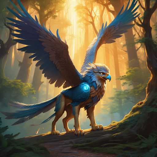The image depicts a majestic eagle standing on its hind legs with wings spread wide and a blue orb encircling its neck. The eagle is positioned centrally within the frame, facing towards the right side of the image. The background features a dense forest filled with trees and foliage in various shades of green, creating a sense of depth and natural beauty.