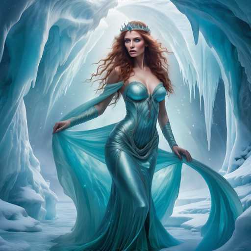 A woman with red hair and a blue dress stands in front of an ice cave, holding her dress up by the waist and wearing a crown on her head.