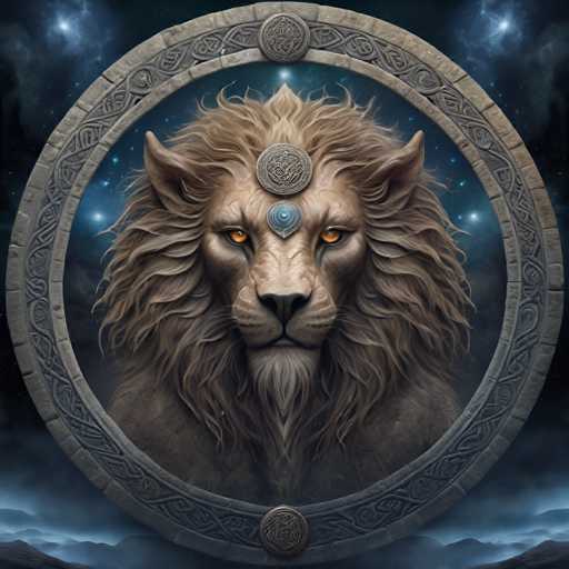 The image depicts a majestic lion with its head turned to the left and adorned with a crown of jewels on top of its head. The lion's mane is long and flowing, adding to its regal appearance. The background features a dark blue sky filled with stars, creating an otherworldly atmosphere around the lion.
