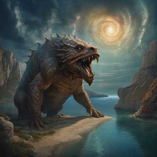 The image depicts a large, brown dragon-like creature with sharp teeth and claws standing on the edge of a cliff overlooking a body of water below. The creature is facing towards the right side of the image, giving the impression that it's about to take flight or engage in some other action. The background features a dark sky filled with clouds, adding an element of mystery to the scene.