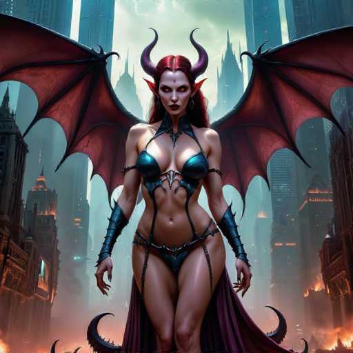 The image depicts a woman with red hair and horns standing in front of a cityscape filled with tall buildings and flames. The woman is wearing a blue bodysuit and a purple skirt, and she has her arms crossed over her chest.