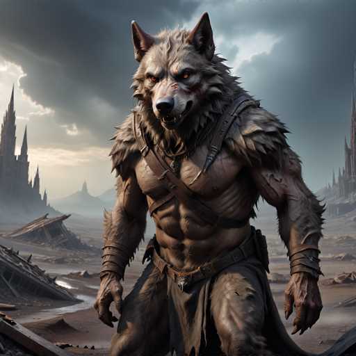 The image depicts a muscular, wolf-like creature with a large head and sharp teeth, standing on its hind legs in the center of an abandoned landscape. The creature is wearing a brown leather belt around its waist and has a long beard that flows down to its chest. In the background, there are several dilapidated buildings scattered across the scene, suggesting a desolate or forgotten area.