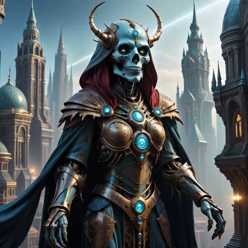The image depicts a woman with a blue skull and red cape standing in front of a castle-like structure. The woman is wearing a gold armor suit that includes a helmet adorned with blue jewels. She has long hair and is holding a sword in her right hand.