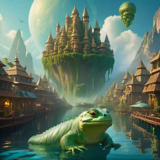 The image depicts a fantastical scene set on an island with a castle-like structure perched atop it. The island is surrounded by water and features a river running through the center. A large green frog is swimming in the river near the castle. In the background, there are several buildings of varying sizes, including one that appears to be made entirely out of bamboo.