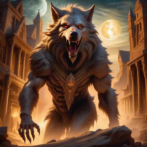 The image depicts a large, muscular wolf with red eyes and teeth standing on its hind legs in the center of an ancient city. The wolf is wearing a necklace around its neck and has a long, flowing mane that matches the golden hue of the moon above it. The cityscape behind the wolf features several buildings, including one with a pointed roof and another with a flat roof.