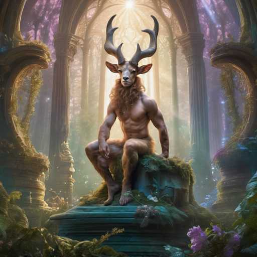 The image depicts a muscular man with long hair and horns seated on a stone pedestal surrounded by lush greenery and flowers. The man is wearing a crown of leaves and standing behind a large archway adorned with intricate designs.