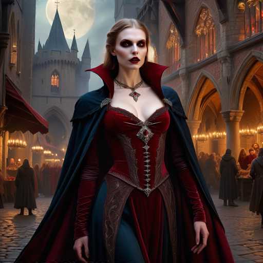 The image depicts a woman dressed as a medieval princess with a red cape and a necklace of jewels around her neck. She is standing on a cobblestone street surrounded by other people who appear to be engaged in various activities such as walking or sitting. The background features a castle-like structure, suggesting that the scene takes place in a historical setting.