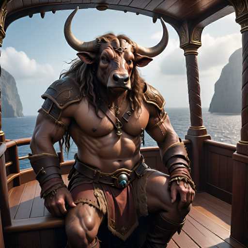 A muscular man with long hair and horns is seated on a wooden bench inside a boat, wearing a brown robe and gold armor. The boat is situated on the water, surrounded by mountains in the background.