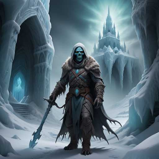 The image depicts a knight standing on a snowy landscape with a castle in the background. The knight is wearing a blue and white outfit and holding a sword.