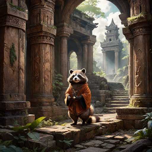 The image depicts a raccoon standing on a stone staircase within an ancient temple complex. The raccoon is dressed in an orange robe and holds a golden object in its paws. The background features columns and arches of the temple, with trees visible beyond them.