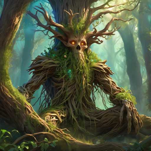 The image depicts a tree with a skull-like head and large horns, surrounded by an abundance of green foliage. The tree is situated within a forest setting, with other trees visible in the background.