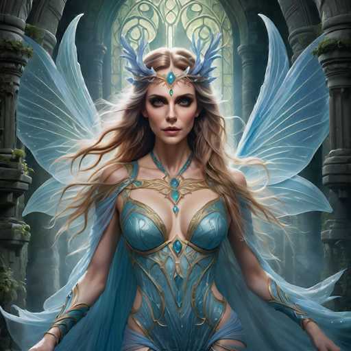 The image depicts a woman with long blonde hair wearing a blue and gold dress adorned with intricate designs and a crown on her head. She is standing in front of an archway that leads to another room or building, suggesting she may be entering or leaving the space. The background features a dark and mysterious atmosphere, which complements the overall theme of the image.