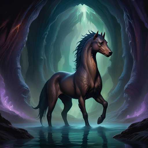 The image depicts a majestic brown horse standing on the bank of a river within an enchanting cave-like setting. The horse is facing towards the right side of the image and appears to be in motion as it walks along the riverbank. The background features a dark purple hue, with a green glow emanating from the top left corner, creating a sense of mystery and wonder.