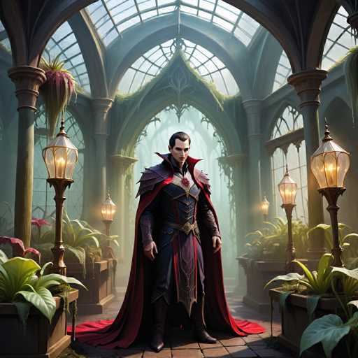 The image depicts a man dressed as a medieval knight standing in front of an ornate archway with a large window and multiple lanterns hanging from the ceiling. The man is wearing a red cape and a blue robe, and he holds a sword in his right hand.