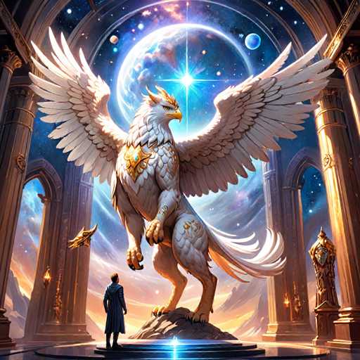 The image depicts a majestic white eagle with a golden crown perched on a rock formation within an ornate building. The eagle's wings are spread wide as it faces the viewer directly. A man is standing next to the rock formation, and two other figures can be seen in the background.